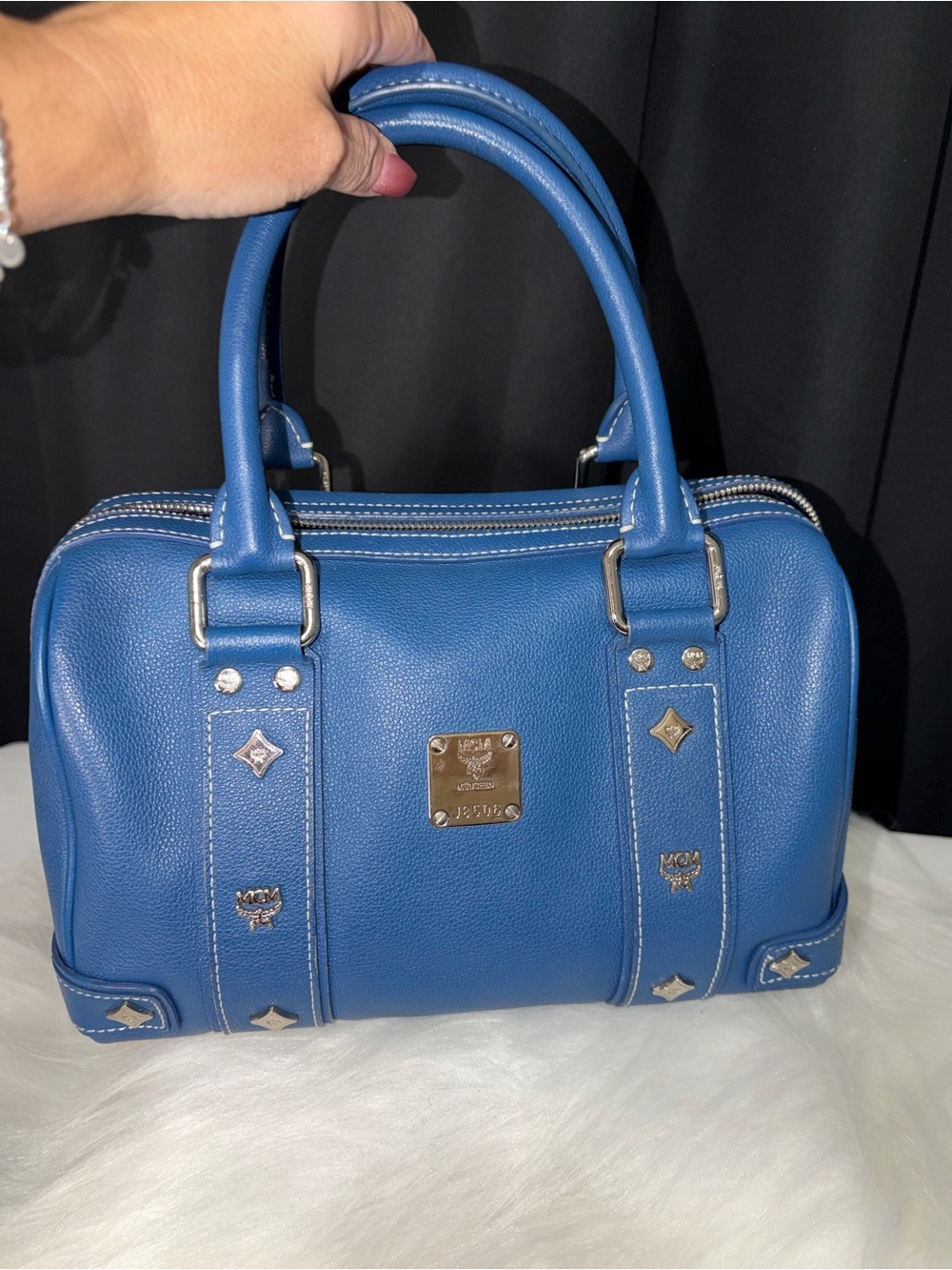 MCM Royal Blue Pebbled Leather Satchel